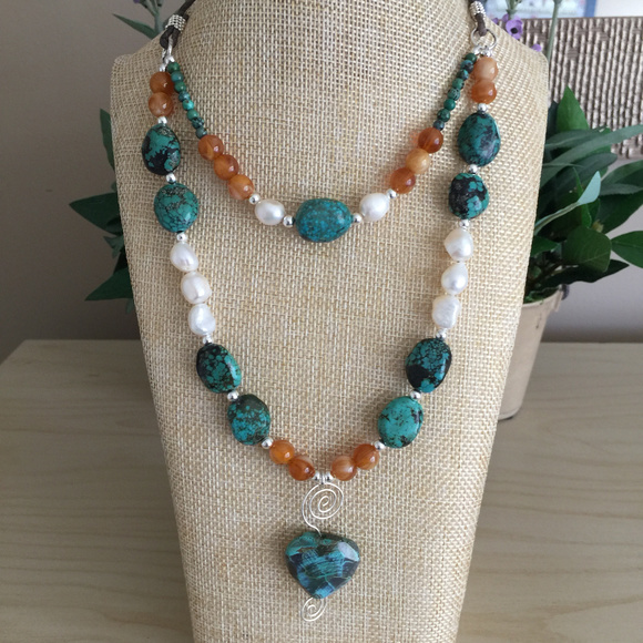 Artisan Jewelry - Turquoise, Amber, Pearl, Silver Gemstone Necklace